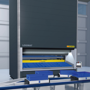 Foto Almacén vertical automático LogiMat de SSI Schaefer para el almacenamiento y preparación de pedidos.
